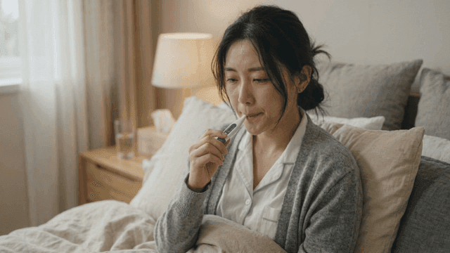 Woman measuring her body temperature in bed