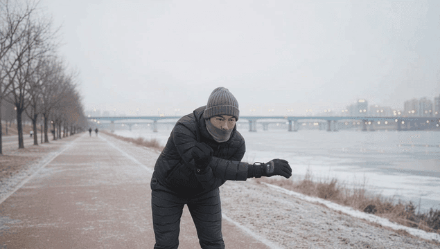 Person stretching on a frosty riverside path