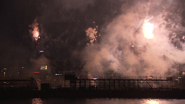 Colorful Fireworks Display Over the City Skyline and River