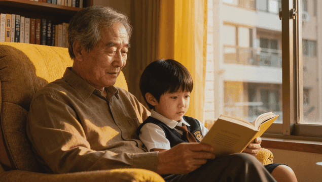 Grandfather reading with grandson by window