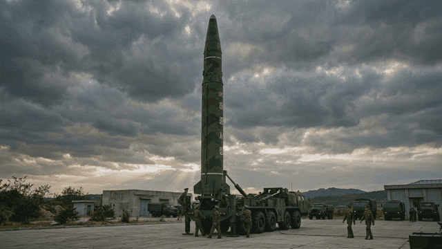 North Korean soldiers on missile launch truck on cloudy day