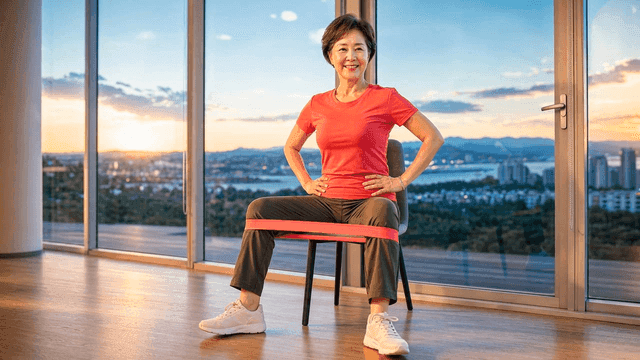Elderly woman exercising with resistance bands at gym