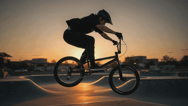 BMX rider performing tricks at sunset