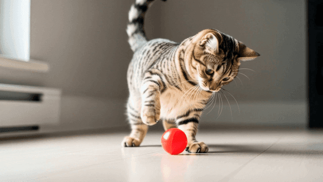 집에서 빨간 공과 노는 고양이