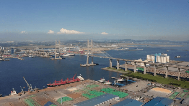 Long bridge over a busy port