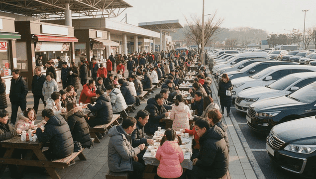 Outdoor dining area at a rest stop