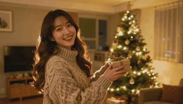 크리스마스 분위기 거실에서 선물을 들고 미소 짓는 젊은 여성