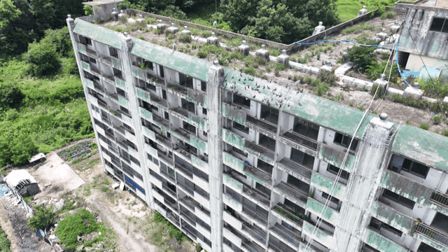Old apartment with pigeons on the roof