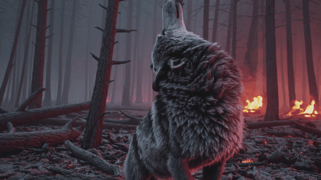 A wolf howling in a burning forest