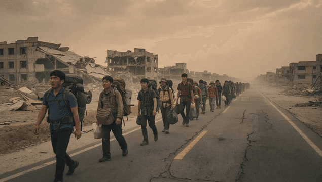 황폐한 도로를 걷는 사람들