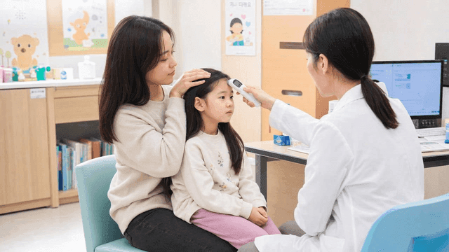 Doctor checking girl's temperature