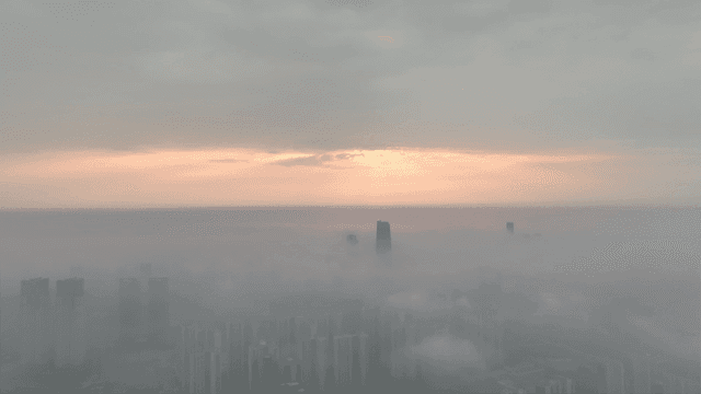 City skyline shrouded in morning fog