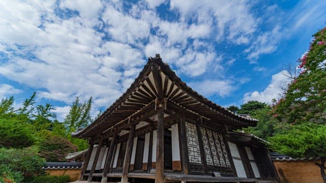 Traditional Korean House with Cloudy Sky