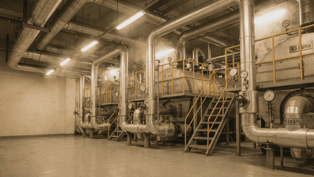 Machine room with large boiler machinery