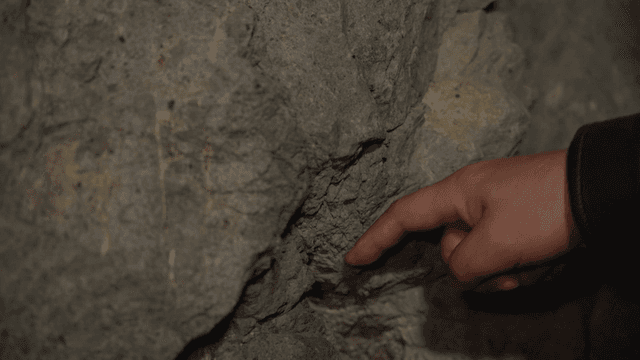 거친 바위 표면을 만지는 손