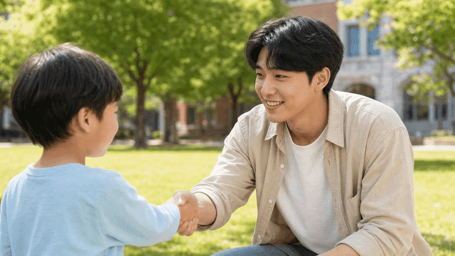 Man and child shaking hands in park
