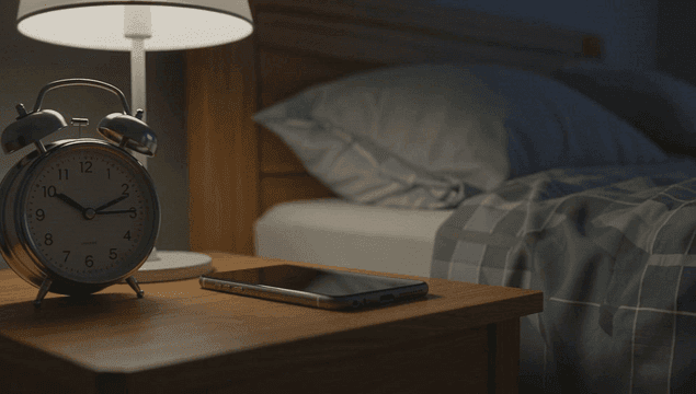 자명종과 전화기가 있는 침대 옆 탁자