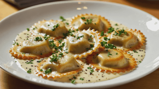 Ravioli in creamy sauce garnished with herbs
