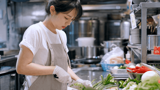 주방에서 파를 칼로 써는 여성