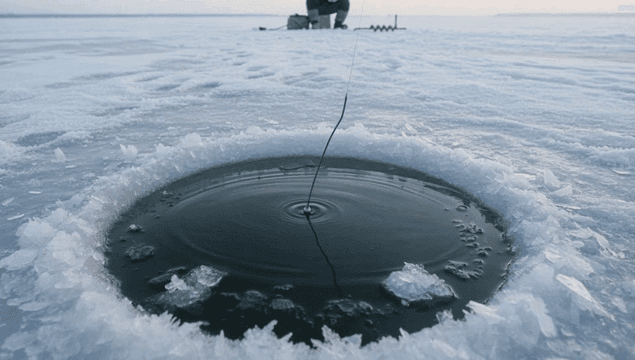 낚시찌가 올라간 얼어붙은 호수 얼음 구멍