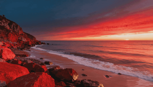 일몰에 붉은 바위가 있는 고요한 해변