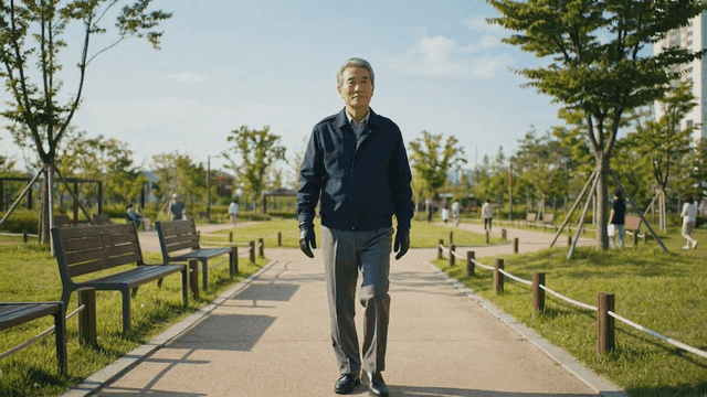 Elderly security guard walking in sunny park