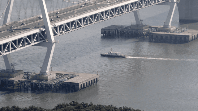 큰 다리 아래를 지나가는 배