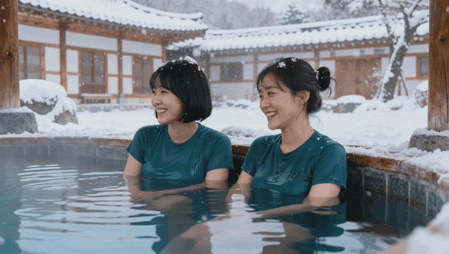 겨울 온천을 즐기는 두 여성