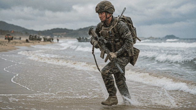 Soldiers running on beach during training