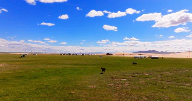 Vast grassland with yurts and mountains