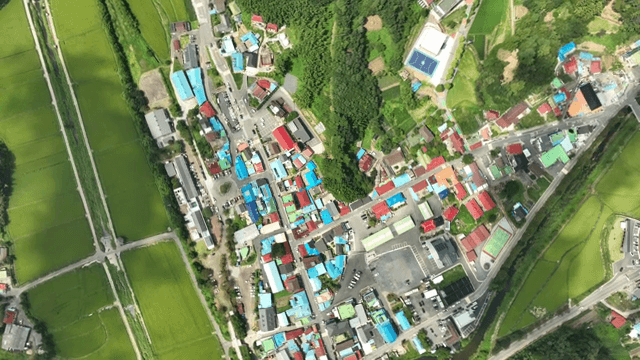 농촌 마을과 농지의 항공 뷰