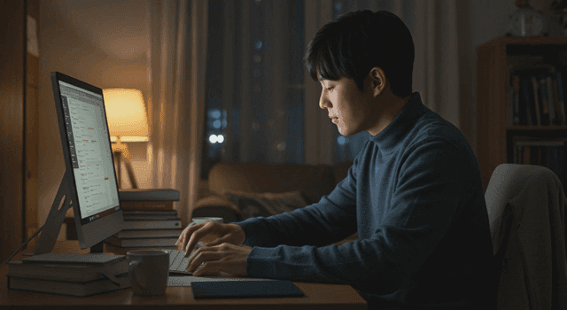밤 늦게 컴퓨터로 일하는 남성