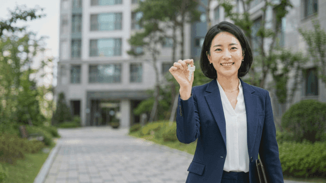 Woman holding keys in front of apartment