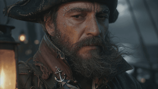Rough European pirate captain on ship