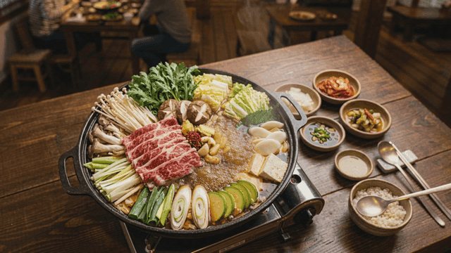 신선한 재료가 담긴 소고기 버섯 전골