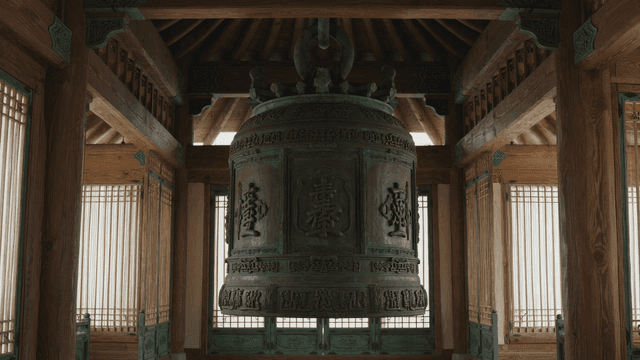 Traditional Korean bell in a wooden pavilion
