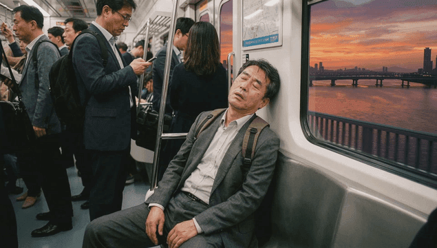 Tired man sleeping on a subway train