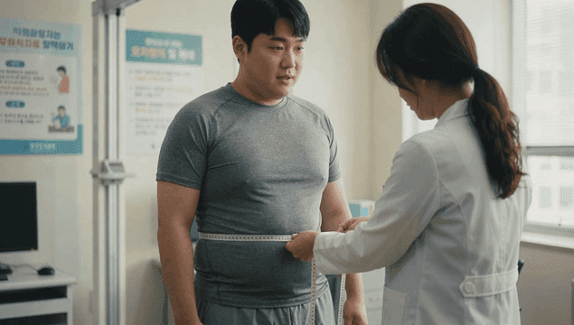 Doctor measuring patient's waist at hospital