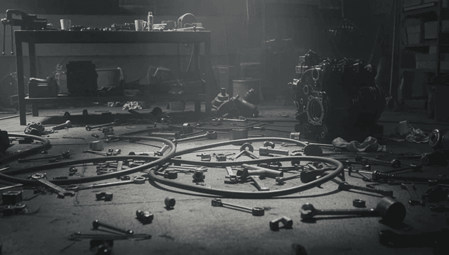 공구가 흩어진 어수선한 작업장