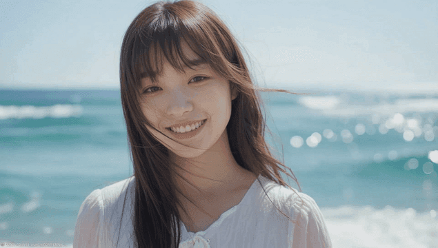 바다 앞에서 정면을 보고 미소 짓는 여성