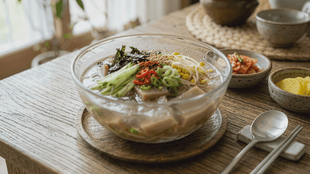 Acorn jelly soup with fresh vegetables