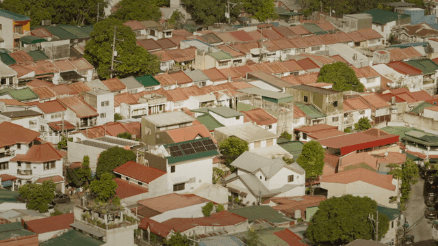Aerial view of a residential area with trees