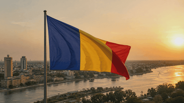 Romanian flag fluttering at sunset over city