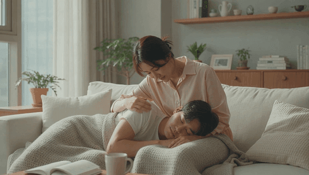 편안한 소파에서 무릎배게를 하며 휴식을 취하는 커플