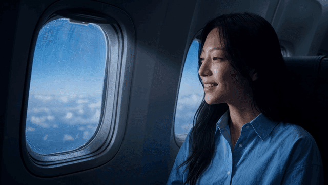 Woman enjoying scenery from airplane