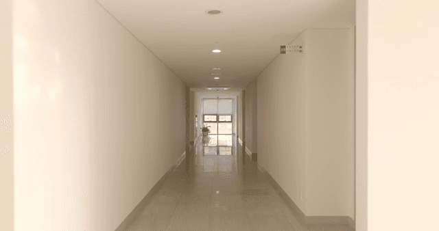 햇빛이 비치는 대학교의 조용한 복도