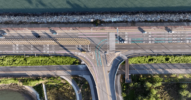 Aerial view of a coastal highway intersection