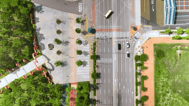 Aerial view of park and wide road