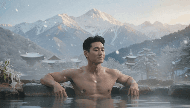 눈 덮인 산과 온천에서 휴식을 취하는 남성