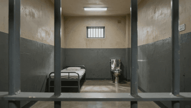 Empty prison cell with bed and toilet